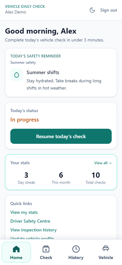 Vehicle Daily Check driver app, live product screenshot